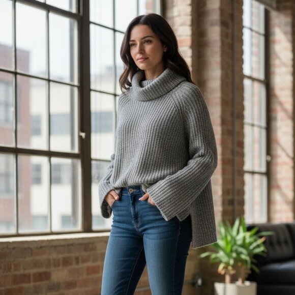 Simply Vera Vera Wang Sweaters - Simply Vera Wang Wind Chime Sweater XL Gray Silver Metallic Ribbed Turtleneck